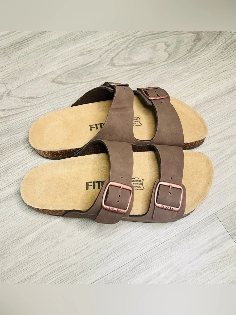 Fitory Sandals Mens Size 10 Brown Slide Adjustable Buckle Leather Comfort Casual
